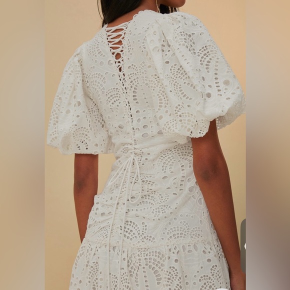 NEW FARM RIO White Cotton Eyelet Puff Sleeve Midi Dress Small - Picture 5 of 6